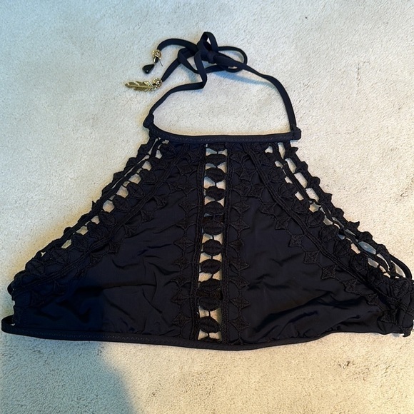 Ale by Alessandra Black Crochet High Neck Halter Bikini Top Size Medium - Picture 2 of 5